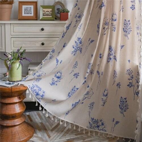 Cilected Blue Flower Printed Tassel Curtain Ins Simple Home Semi-Shading Wear Rod Hanging Curtain Decor Window Cotton Curtain