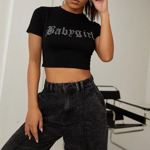 Sexy Hot Rhinestone Letter Pattern T-Shirt Female Casual Wild Crop Top Stylish Short Sleeve Round Neck Exposed Navel Shirt