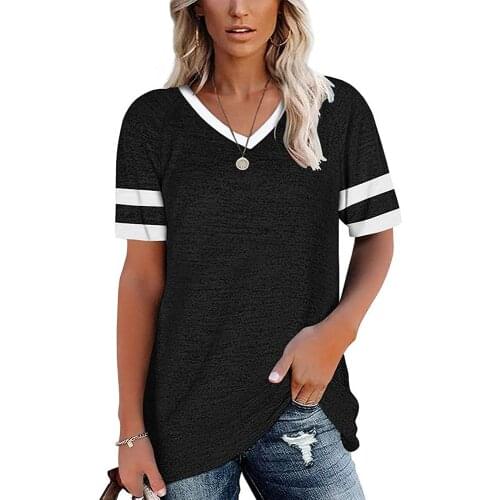 Plus Size Women Clothing Summer T Shirt 2021 Loose Striped Patchwork Top Casual Tshirt European Style V Neck Roupas Femininas