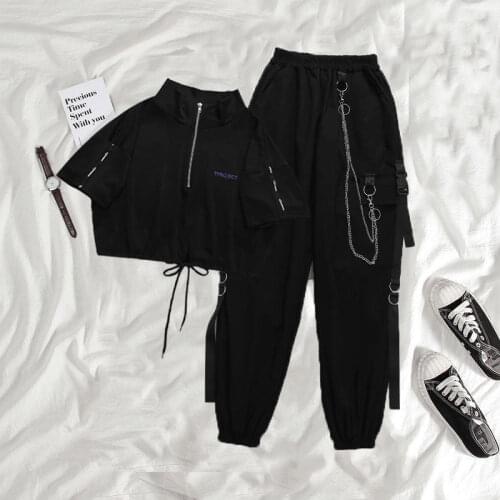2021 Gothic Women Black Cargo Pants Harajuku Punk Chain Trousers Female Hip Hop Mall Goth Streetwear Techwear Egirl Grunge