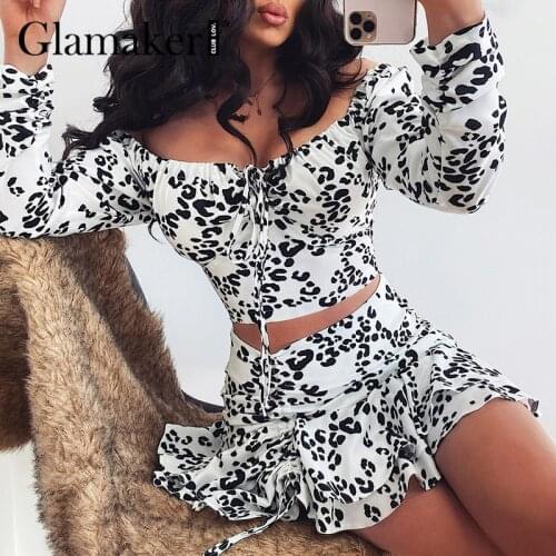 Glamaker Party Leopard printed 2 piece suits Women lace up crop top and shir fold skirts Elegant chic female skirts sets 2021new