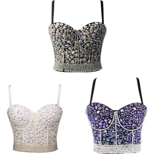Womens Colorful Rhinestone Push Up Bra Bustier Pearl Beaded Underwire Camisole Sexy Punk Party Clubwear Corset Crop Top