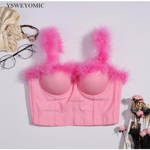 2021 New Pink Women Plush Camisole Top Pink Short Cute Stitching Girly Feather Crop Top Bustier Bra Night Club Party Vest