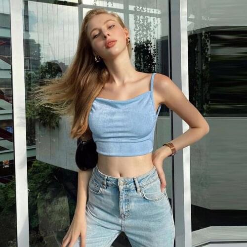 2021 Female Sexy Camisole Solid Color Sleeveless Spaghetti Strap Crop Tops Backless Vest for Summer, White/Blue