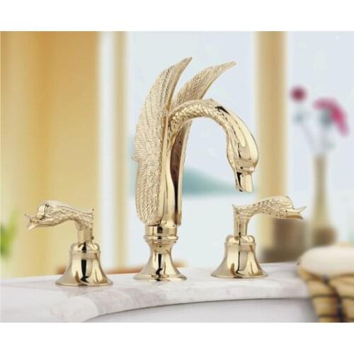 Free shipping 3 PIECEs gold clour 24 CM swan sink faucet widespread lavatory sink faucet mixer tap