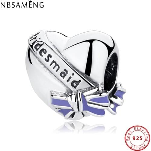 925 Sterling Silver Bead Romantic Bridesmaid Word Charm Heart Love Beads Fit Bracelets Bangles Women DIY Jewelry Making