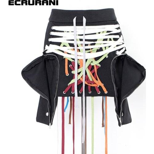 ECRURANI Patchwork Colorful Casual Skirt For Women High Waist Slimming Zipper Hit Color Mid Skirts Female 2021 Fashion New Style