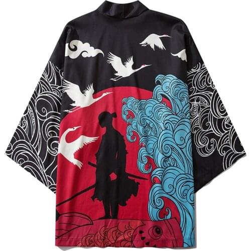 Harajuku Print Crane And Wave Kimono Japanese Traditional Clothes for Men Women Loose Robe Streetwear Cardigan Haori Obi