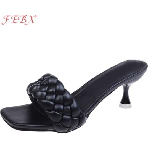 Summer Womens Slippers Weave PU Leather Ladies Slides Female Sandals Square Toe Thin Heels Pumps Fashion Women Shoes 2021