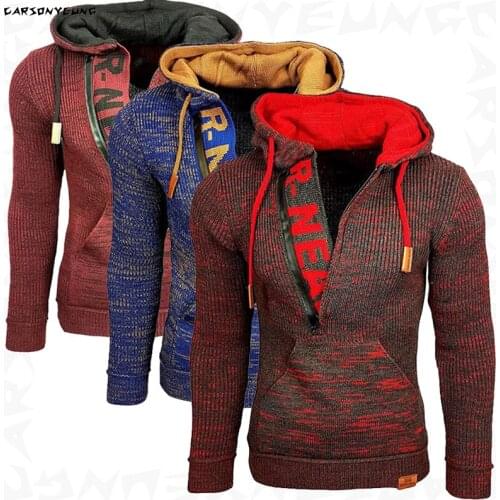 New Mens Fashion Mix Color Sweater Coat 2021 Autumn Winter Diagonal Zipper Design Knit Hooded Sweaters Men Fleece Pullover