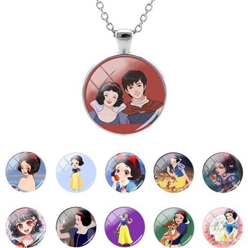 Disney Princess Cute Snow White Pattern New Fashion 25mm Glass Dome Pendant Necklace for Girl Party Gift Cabochon Jewelry DSY771