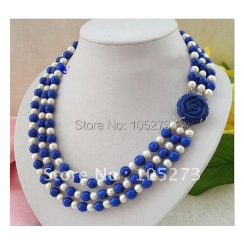 Stunning 3Row AA 7-8MM Round White Freshwater Pearl Blue Lapis Lazuli Necklace Fashion Pearl Jewelry Wholesale New Free Shipping