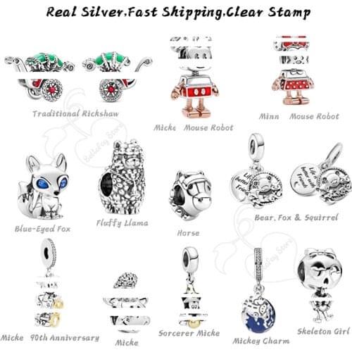 Real 925 Sterling Silver Dangle Beads Fox Charms Fits Pdoras Bracelets Jewelry Women DIY Making Gifts