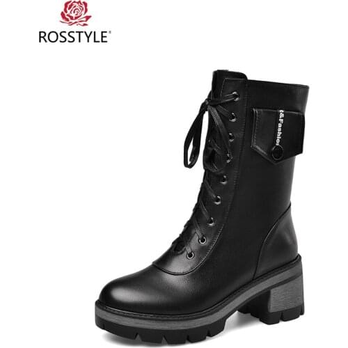 ROSSTYLE Classic Woman Winter Basic Ankle Boot High Quality Genuine Leather Round Toe Thick Heel Shoes Solid Lace-up Soft Boot