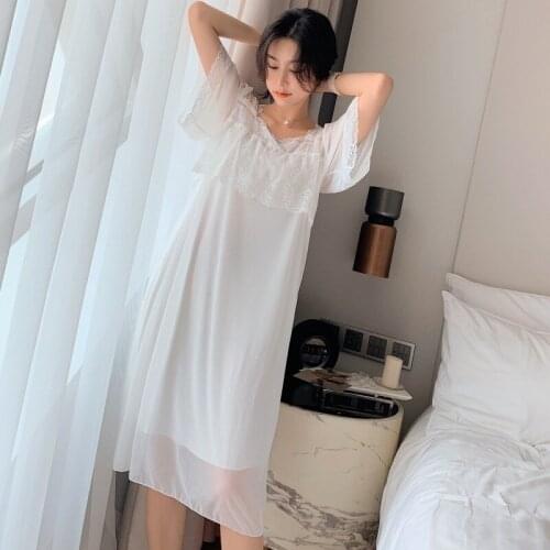 Sexy Nightdress Ladies Casual Summer Short Sleeve Long Lace Sleepshirt Sweet Princess Retro palace Nightshirt Loose Homedress