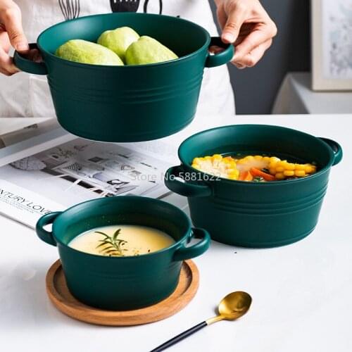 Nordic Binaural Soup Bowl Breakfast Bowl Fruit Salad Creative Noodle Bowl Thick Soup Bowl Large Soup Bowl Matte Dark Green