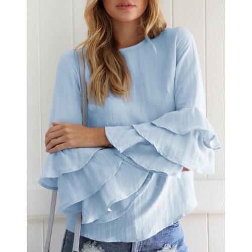 Women Blouse Blue Split Ruffle Summer Long Sleeve Blouse Elastic cool blouse blusas cold shoulder tops plus size 3xl 4xl 5xl