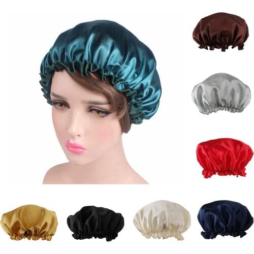 Womens Solid Satin Bonnet Cap Night Sleeping Hair Head Cover Stretchy Band Hat