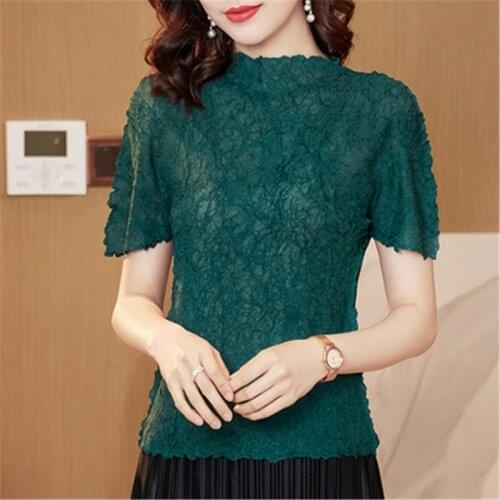 Miyake pleated high-quality short-sleeved top 2021 summer new fashion and comfortable slim half high neck thin T-shirt women