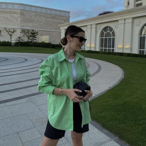 2021 Za Womens Shirt Pure Cotton Shirt Green Plain Large Silhouette BF Style Blusas Casual Loose Early Spring Top