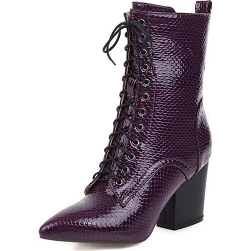 Promotion Sexy Woman Autumn Crocodile Snakeskin PU Leather Dress Shoes Ankle Boots Womens Size 41 Lace up Pointed Toe Sexy Boot