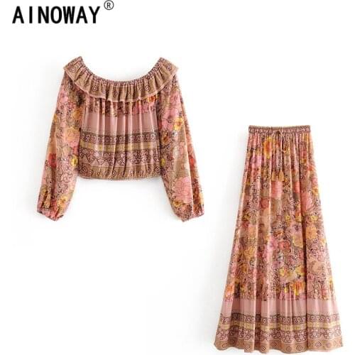 Vintage chic Women two piece outfits off shoulder long Sleeve tops Bohemian elestic waist skirts 2 pieces rayon cotton Boho sets