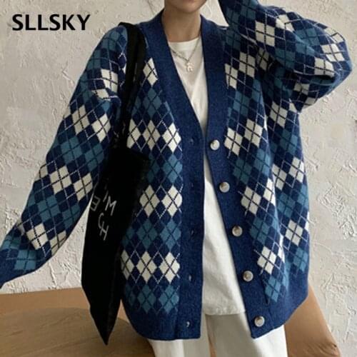 SLLSKY Vintage Plaid Women Sweater Cardigans Autumn Casual Single Breasted Knitted Sweater Long Sleeve Loose Female Sweater