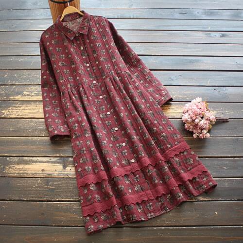 8752 New Spring Women Dress Mori Girl Literary vintage Long Sleeve Turndown Collar Print Lace Cotton linen Dress
