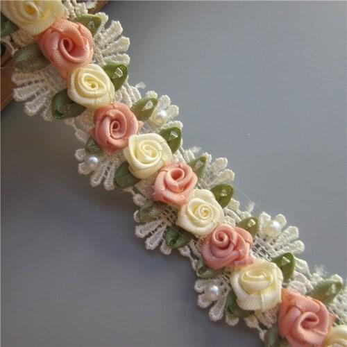 2yard Soluble Apricot Rose Flower Pearl Embroidered Lace Trim Ribbon Fabric Sewing Supplies Craft For Garment Hat Decoration