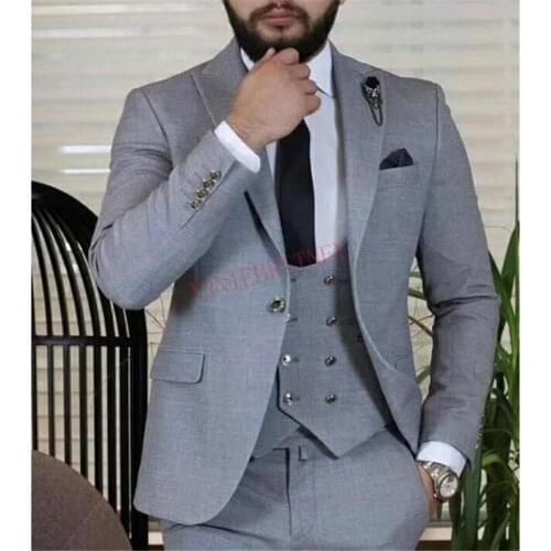 2020 New Designs Grey Mens Suit 3 Piece Slim Fit Prom Wedding Suits for Men Formal Groom Tuxedo Business Jacket Vest Pants Set