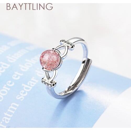 BAYTTLING 925 Sterling Silver Pink Cute Round Heart Shaped Zircon Open Ring For Women Fashion Jewelry Couple Ring Gift