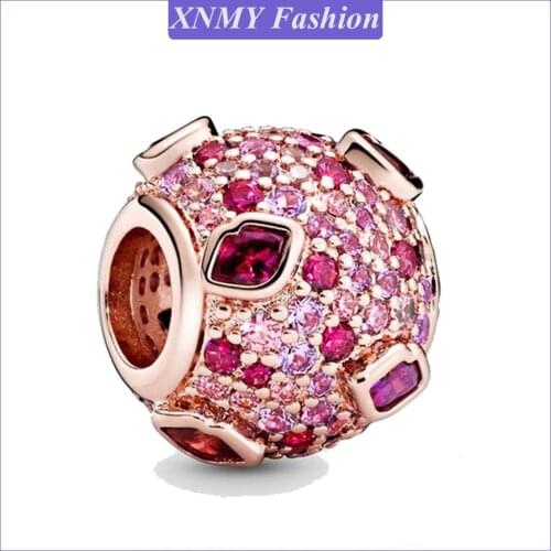 XNMY Rose Gold Color Beads Pink Pavé Heart Flower Charm Fit Original Pandora Bracelets for Women Jewelry Making Gift