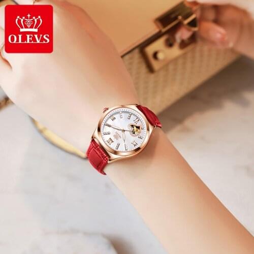 OLEVS Watches for women Automatic Mechanical Wristwatch Breathable Leather Bracelet Waterproof ladies watch Gifts for Lover 6636