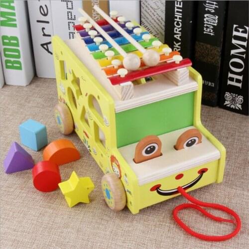 Wooden Knock Piano Drag Small Car Childrens Color Cognitive Shape Matching Early Childhood Educational Toy Xylophone 2-4 Years