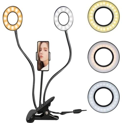 Long Arm Selfie Holder 24 LED Ring Flash Fill Light With 3 Color LED Light USB Powered Clip Camera 360 Degree Rotary Phone Stand