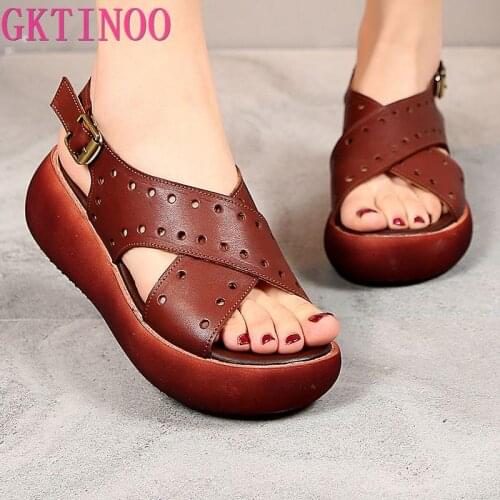 GKTINOO 2020 Summer Women Wedges Sandals 100% Genuine Leather Casual Platform Sandals Woman Hollow Out Peep Toe Slingback Shoes