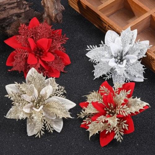 5pcs Artificial Christmas Flowers Glitter Fake Flowers Merry Christmas Tree Decoration Home DIY Xmas Gifts Ornament Navidad 2021