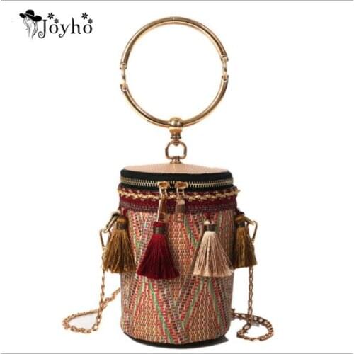 JOYHO Japan Style Bucket Cylindrical Straw Bags Barrel-Shaped Woven Women Crossbody Bags Metal Handle Shoulder Tote Bag