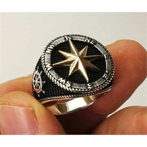Compass Figure Handmade Ring With Helm and Ruder 925 Sterling Silver Round Model Special Gift for Adventurers Made In Turkey
