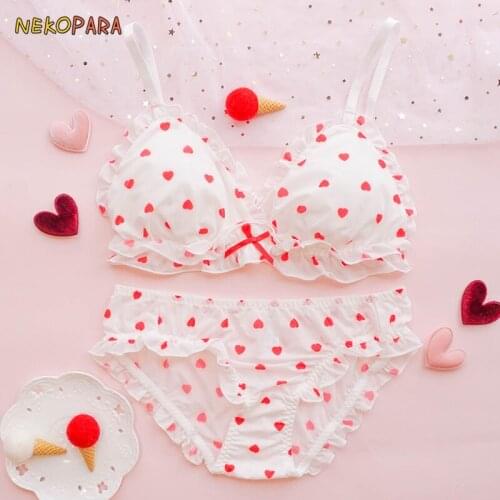 Red Hearts Cute Japanese Milk Silk Bra & Panties Set Wirefree Soft Underwear Sleep Intimates Set Kawaii Lolita Color White