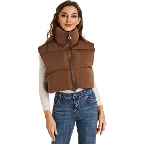 Fashion Autumn Stand Collar Cotton Vests Women Elegant Solid Simple Zipper Coats Women Casual High Waisted Vests Ladies