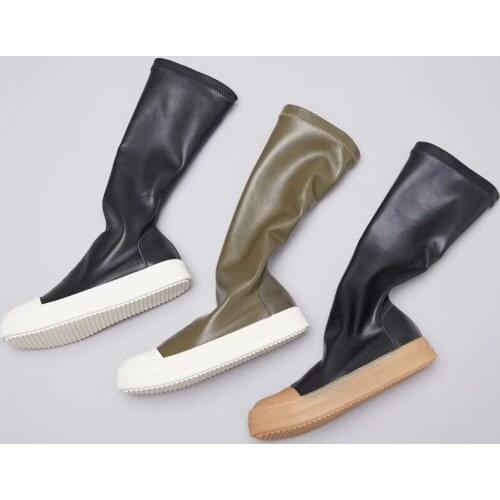 Men Women Leather Long Boots Trainers Solid Male Adult Ankle Boots Casual Slip On Flats High Winter Black Outwear Women Sneaker