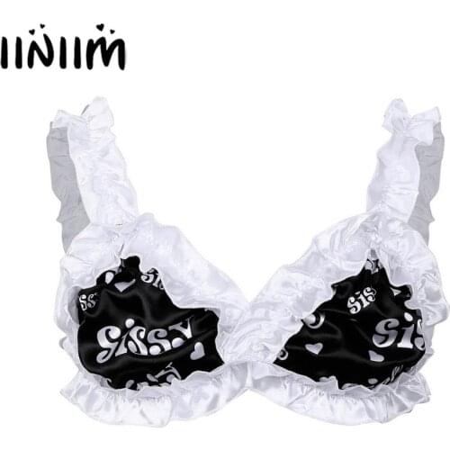 Mens Sexy Exotic Bra Tops Gay Lingerie Parties Nightwear Sissy Printed Frilly Ruffled Straps Hombre Wire-free Unlined Bra Top