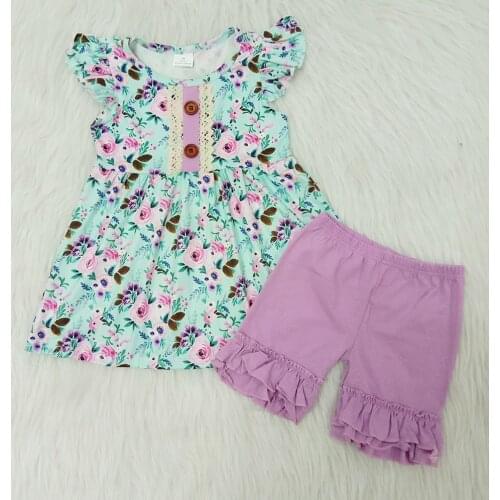 2020 new arrival boutique kids clothing girl flutter ruffle top and icing ruffle shorts girl summer with lace 2pcs set