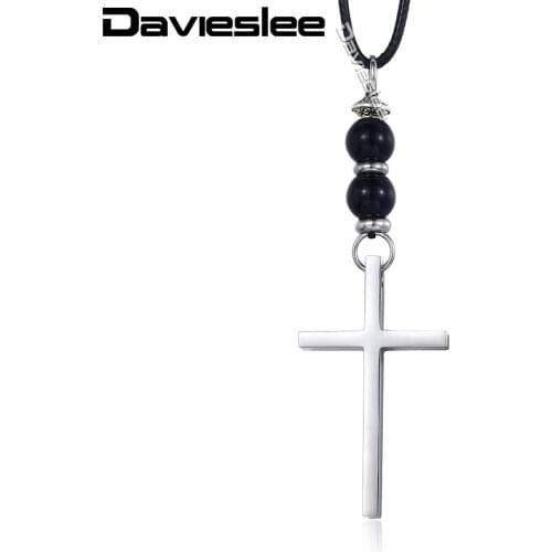 Davieslee Necklace for Men Cross Pendant Stainless Steel Lava Glass Bead Man-made Leather Chain Black Silver Color 1.5mm LDNM03