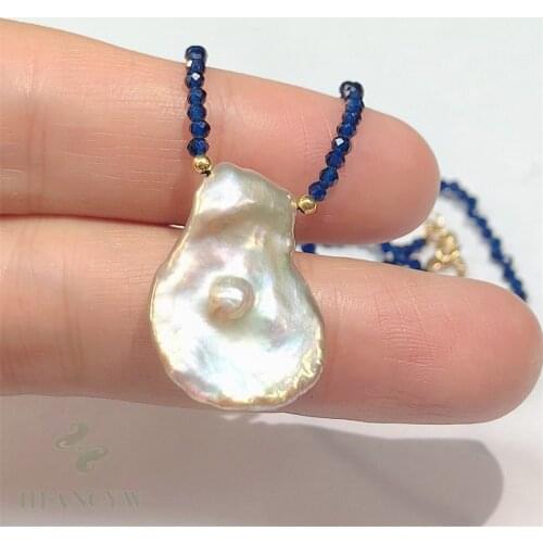 2mm Blue Spinel White Baroque Pearl Necklace 18 inches Women Chain Cultured Accessories Flawless Real Jewelry