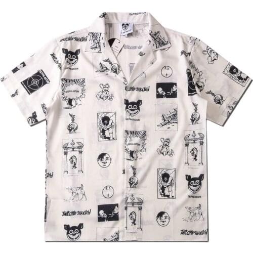 Shirts for Men Japanese Comic Print Harajuku Streetwear Camisa Masculina Short Sleeve Summer Casual Beach Hawaiian Shirts