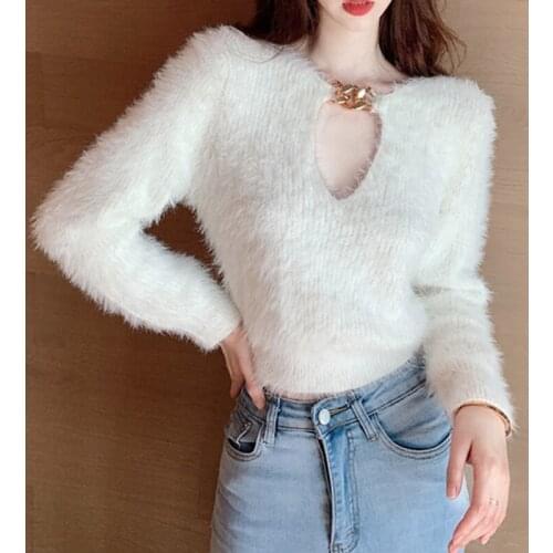 VSUE Women Soft Chain Howllow Mohair Pullover Long Sleeve Knitted Sweater Ladies Top M3013