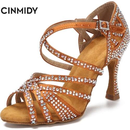 CINMIDY Breathable Rhinestone Latin Dance Shoes Tango Salsa Rumba Samba Ballroom Party Ladies High Heels Soft Sole Women Sandals
