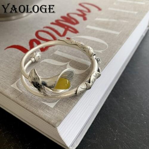 YAOLOGE 925 Silver Bangle Retro Creative Ethnic Style Bracelet Lady Flower Stamen Lotus Temperament Jewelry